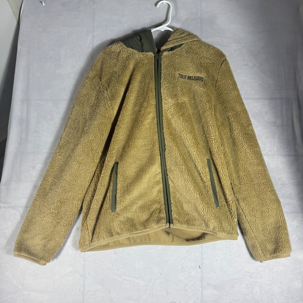NWT True Religion Mens Hoodie Tan Sherpa Fleece Full Zip Long Sleeve Comfort L